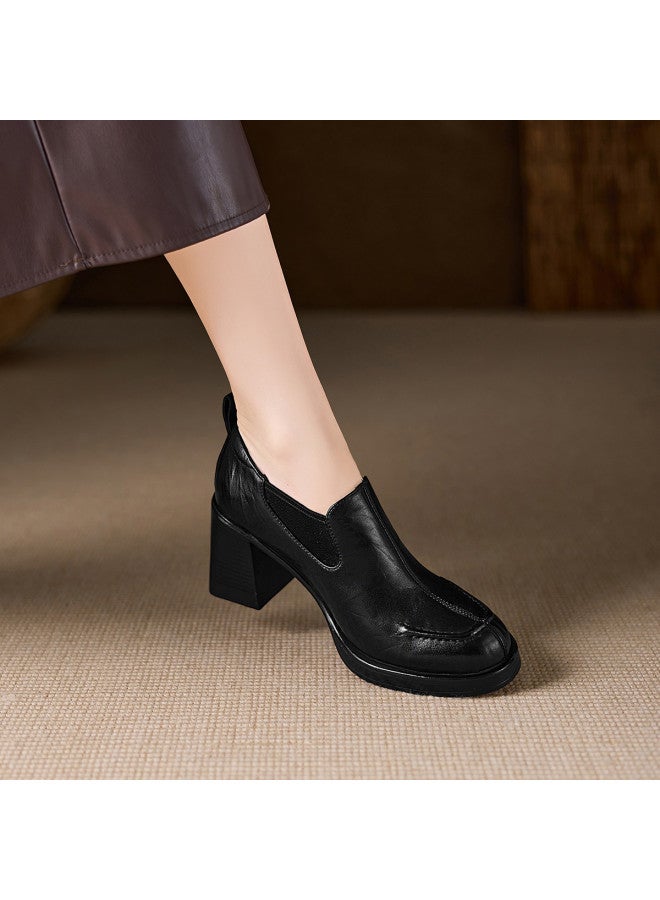 St&Sat Saturday Loafers Women's Single Shoes 2026 New Style Chunky Heel Slip-on Deep V Small Leather Shoes Soft Sole High Heels - Image 2